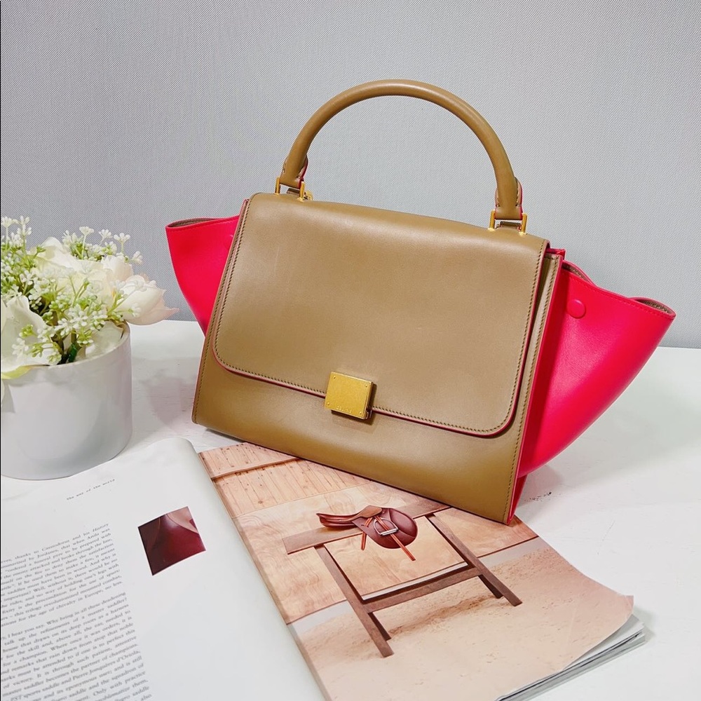 Celine Calfskin Small Trapeze Taupe Fuchsia Bag